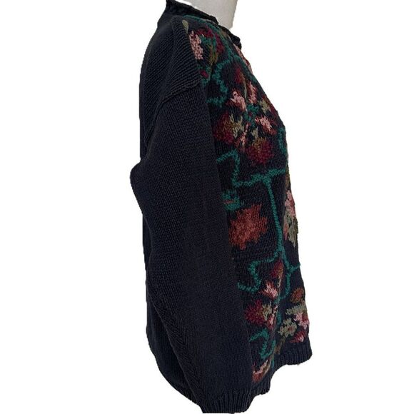 Vintage Floral Chunky Knit Sweater Blue Multi Crystal Kobe Size M Cotton Ramie - Picture 3 of 6